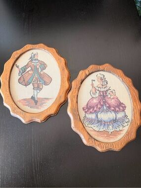 Vintage Needlepoint Rococo Couple in Wood Frames - Pink & Blue